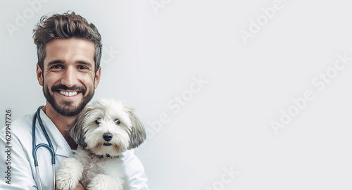 Veterinarian doctor and dog in a veterinary clinic on white background. Medicine, pet care, health care. Veterinary care. Veterinary medicine concept. Pedigree dogs.