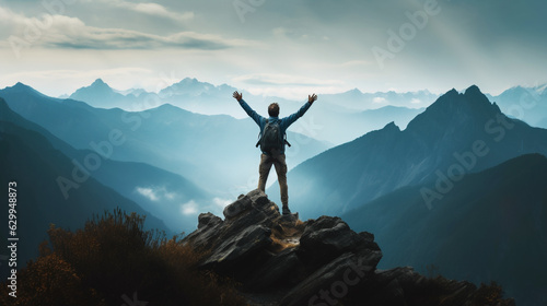 Positive man celebrating on mountain top, with arms raised up, Generative AI illustration