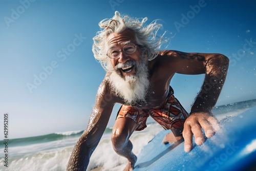 Senior men having fun surfing Sporty bearded man training with surfboard on the beach