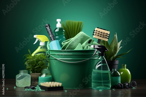 Green cleaning bucket with cleaning products on a white background, Generative Ai