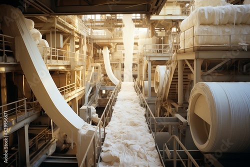 Pulp and paper mill with columns of freshly bleached paper, Generative Ai