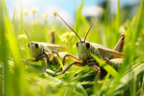 Small Brown Grasshoppers on Green Lawn Outdoors - Wild Insect Animal on Natural Background. Generative AI
