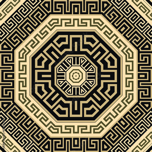 Greek octagon frames mandalas seamless pattern. Colorful greek vector background. Beautiful ethnic style Deco ornaments. Repeat backdrop. Ornamental design with greek key, meanders. Endless texture