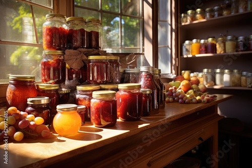 fruit preserves and jams in a pantry, lit by warm sunlight