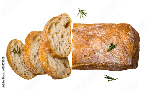 Italian ciabatta bread cut in slices cut out on transparent background