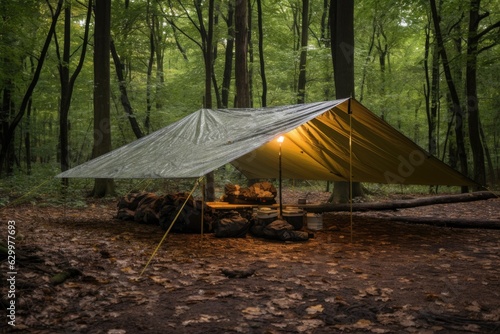 waterproof tarp shelter set up in a wooded area