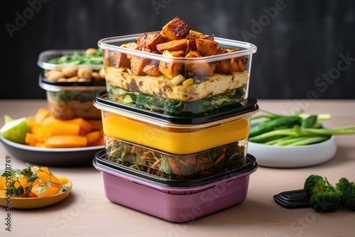 stack of reusable meal prep containers with vegan dishes
