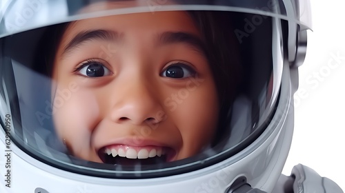 One Asian girl pretending to be an astronaut wearing a space helmet isolated on white background. Happy girl smile and wearing astronaut helmet.