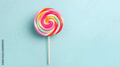 Colorful lollipop swirl on stick, striped spiral multicolor candy on blue pastel background