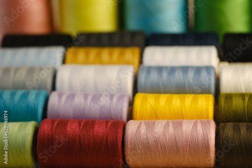 pink, orange, yellow, red, brown, green, blue, lilac, white sewing thread on spools, natural, artificial fibers in assortment for tailoring fabric products in industry, for handmade, home needlework