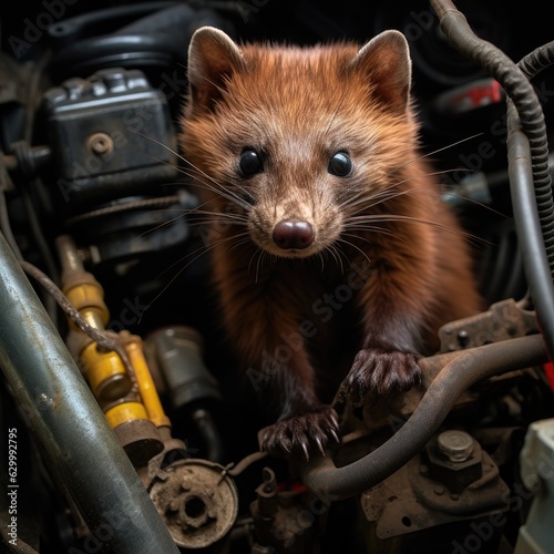 marten in the engine compartment of a car