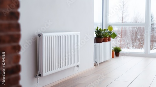 Heating radiator near the window in the room. Heating concept