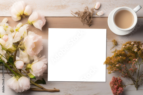 Creative layout with colorful flowers, leaves and note paper. Blank white paper card on table with colorful flowers. Copy space, transparent background mockup ready to be customized