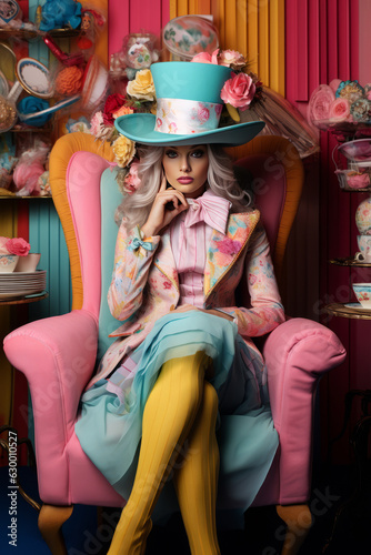 Portrait of a young woman, sitting in armchair, in colorfull mad hatter clothes, drinkig her tea. Fashion, costume, party, cosplay concept. AI generative, illustration.
