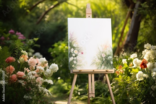 white blank easel with a garden background for the wedding reception mockup