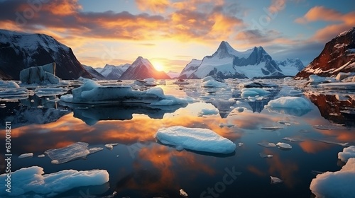 Antarctica's natural scenery with icebergs in the icefjord of Greenland during the midnight sun