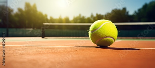 Tennis ball and racket positioned on a tennis court on a sunny day, with free space for copying