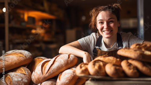 baker woman smiling in bakery shop with breads