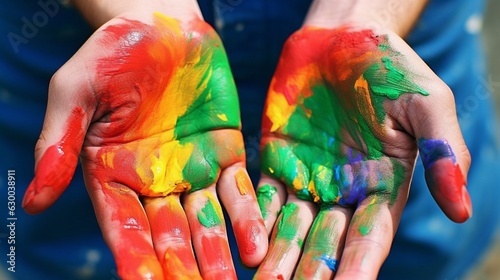 Gay pride rainbow-painted hands.