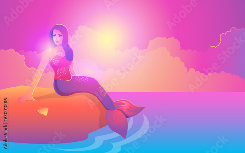 Beautiful mermaid, glistening in vibrant pink and purple hues, gracefully sitting on a rock during a mesmerising sunset. This illustration immerses you in a world of fantasy and enchantment.