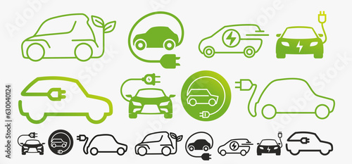 Set of Electric cars with plug icon symbol. EV car, green hybrid vehicles charging point design logo. Eco friendly vehicle concept. Vector electricity illustration. Eco friendly electro auto concept.