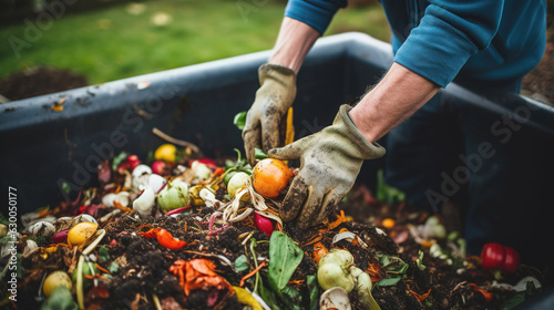 Person composting food waste in backyard compost bin garden