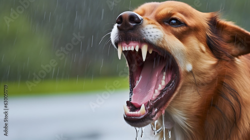Mad and aggressive dog with saliva drooling barking. Rabies infection concept