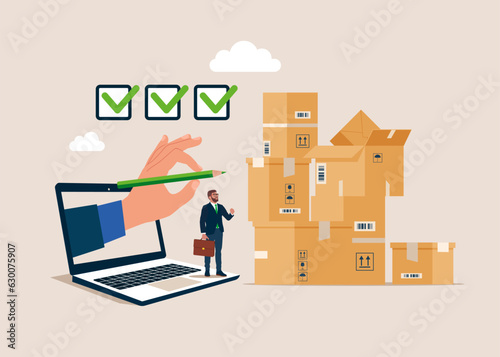 Business people starting business checking package before shipping. Vector illustration