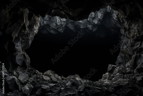 Hole in a cave isolated on black background , generative ai