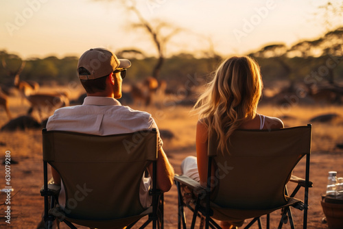 A couple sitting on camp chairs on safari impala in the distance sunset golden 