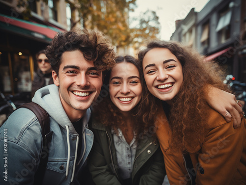 Gruppo multirazziale di amici che si divertono insieme all'aperto sulla strada della città- Giovani allegri che camminano abbracciati fuori- Concetto di stile di vita Next gen z-Studente sorridente ch