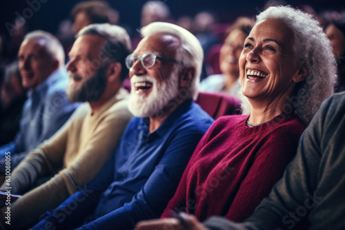 Group of elderly people sitting in chairs as audience watching performance or movie.