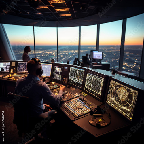 Air traffic controllers in a control tower. Generative AI.