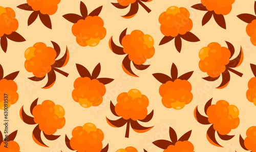 Arctic cloudberry seamless pattern on beige background. Nordic berry wallpaper. Orange berry design for packaging paper, textiles, packaging, fabric.