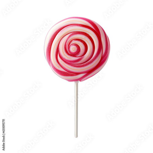 A delicious pink and white round lollipop isolated on a transparent background 
