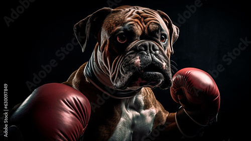 image of a boxer dog, wearing boxing gloves, on a dark background, Generative AI 