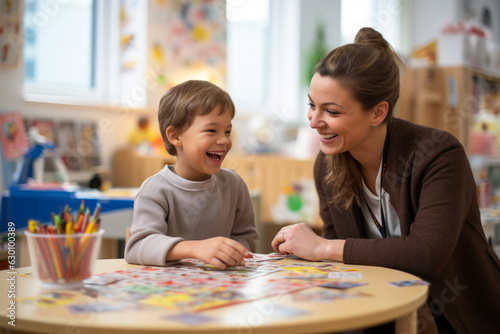 An inclusive speech therapist works with a child with an autism spectrum disorder generative ai