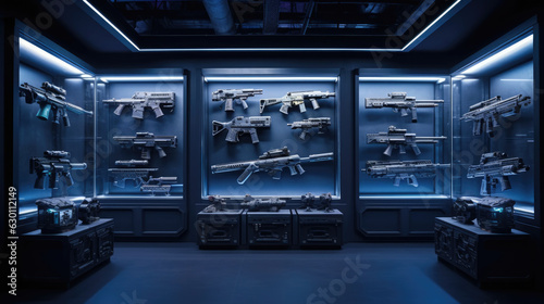 Modern interior of gun shop. Futuristic arsenal that offers a choice of advanced weaponry options