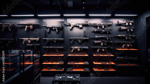 Modern interior of gun shop. Futuristic arsenal that offers a choice of advanced weaponry options