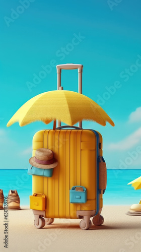 3D rendering of Yellow suitcase with beach accessories on blue background. vacation time. Summer travel concept.generative ai