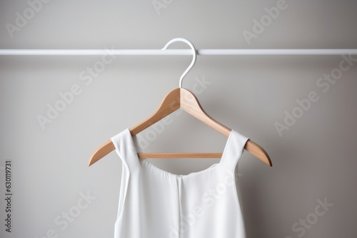 white clothes on wooden hangers against a light wall. 
