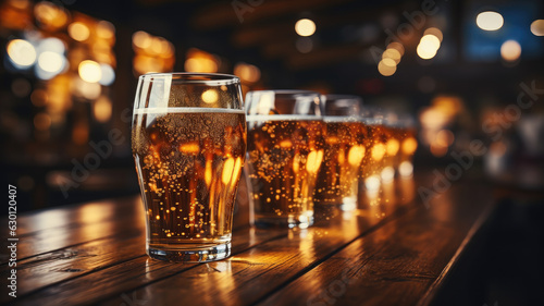 portrait photograph of Draft beer in glasses on the bar stand in a row, the background of the blur bar wide angle lens realistic lighting white generative ai