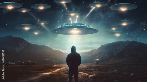 Back view of man looking at alien invasion, UFO flying in the sky, concept of evidence and sighting 