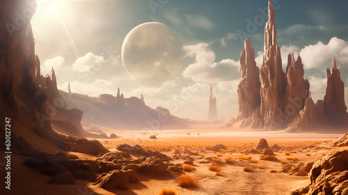 image of an alien planet desert with rocks in the background, in the style of sci-fi landscapes - Generative AI