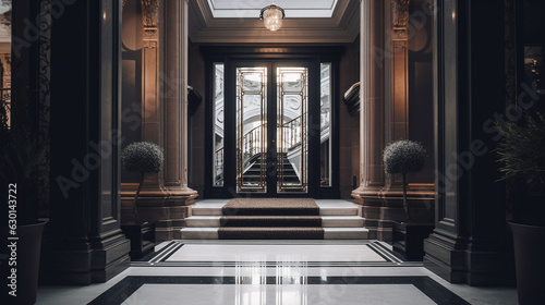 AI generated concept of a luxury entrance held in black, white, with golden accents