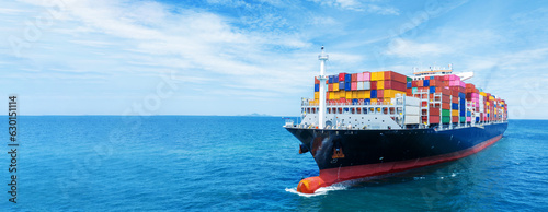 Cargo container Ship, cargo vessel ship carrying container and running for import export concept technology freight shipping sea freight by Express Ship. front view