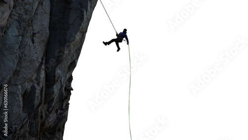 Adventure man rappel down a mountain cliff. PNG cutout. 3d rendering rock cliff. composite