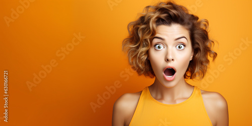 Surprised Adult Woman with Shocking Super Sale Product on Orange Background