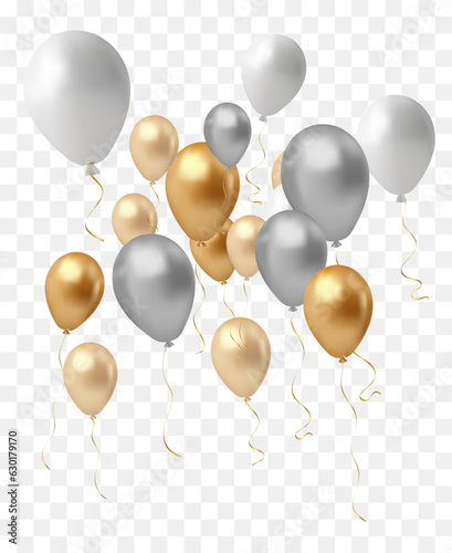bunch of realistic transparent, golden ballons and gold ribbons, serpentine, confetti. Vector illustration for card, party, design, flyer, poster, decor, banner, web, advertising.