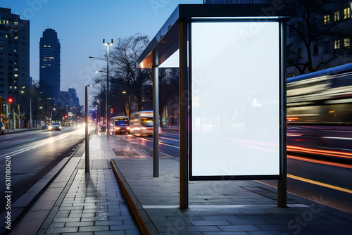 Blank white vertical digital billboard poster on city street bus stop sign at night. Street advertising bus stop mockup